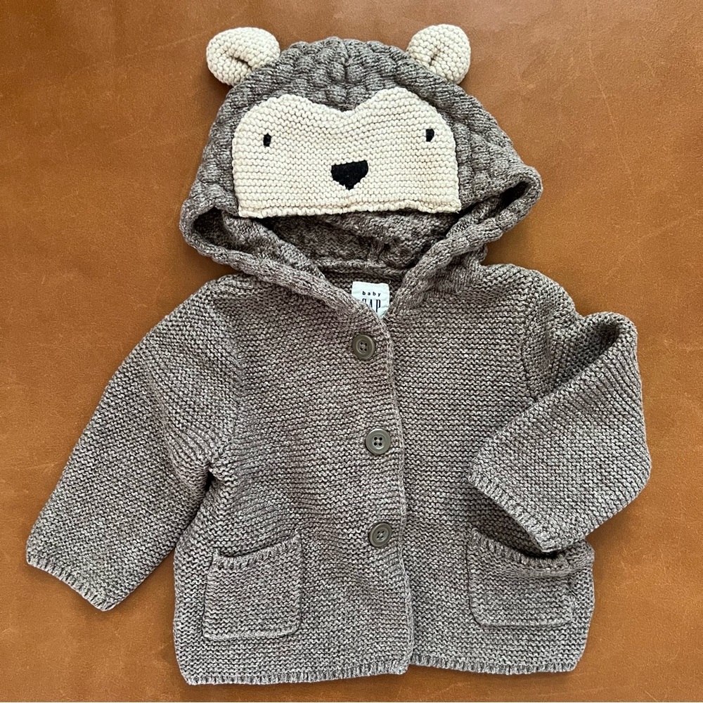 GAP Baby Brown Bear Hooded Knit Cardigan, 3-6mo